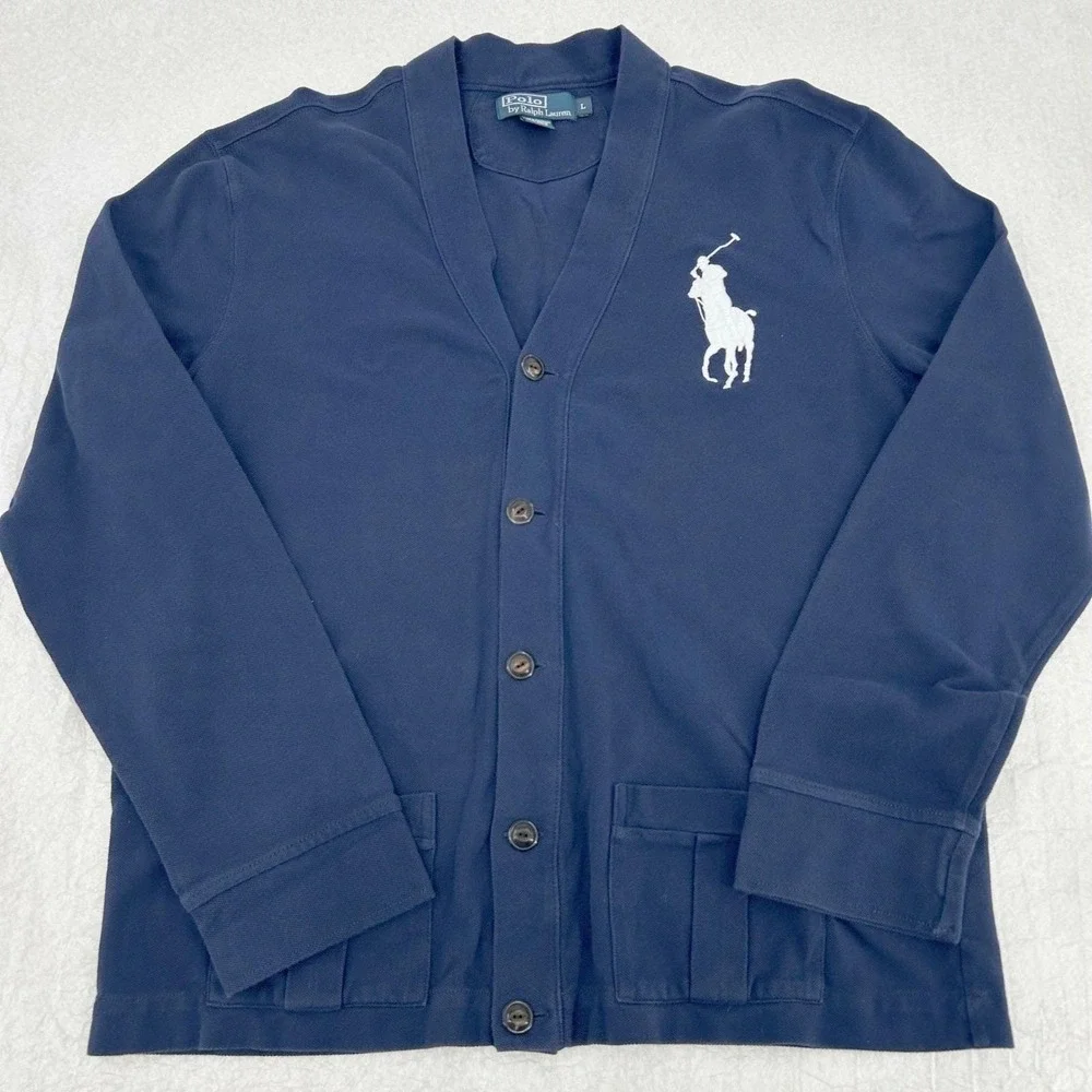 90s Polo Ralph Lauren Mens Large Navy Blue Big Pony Cotton Pique Cardigan Jersey